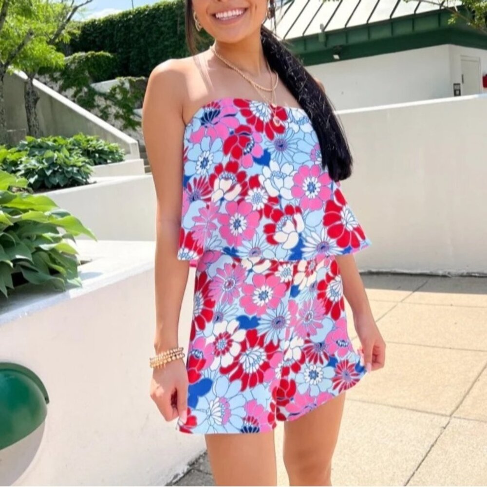Sugarlips Berry Mix Floral Strapless Romper Size Large Retro Pink Blue White